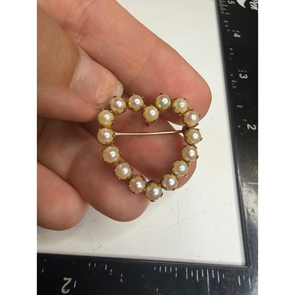 Vintage 14K Yellow Gold Seed Pearl Heart Brooch Pin Fine Jewelry